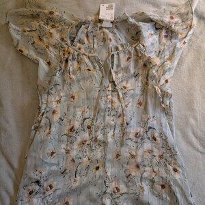 WOMEN'S BLOUSE H&M New With Tags 4 Mint Green Yellow Flowers Button Ties Flowy